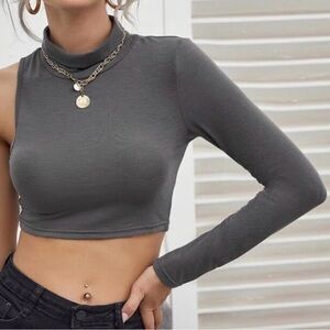Grey One-Sleeve Mock Neck Crop Top
